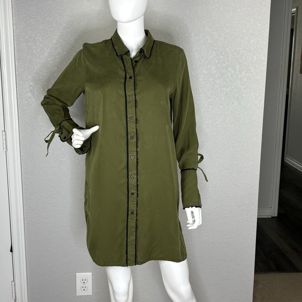 Zara Women’s Shirt Tunic Dress Collared Tencel Goblin Forest Olive Green Size S